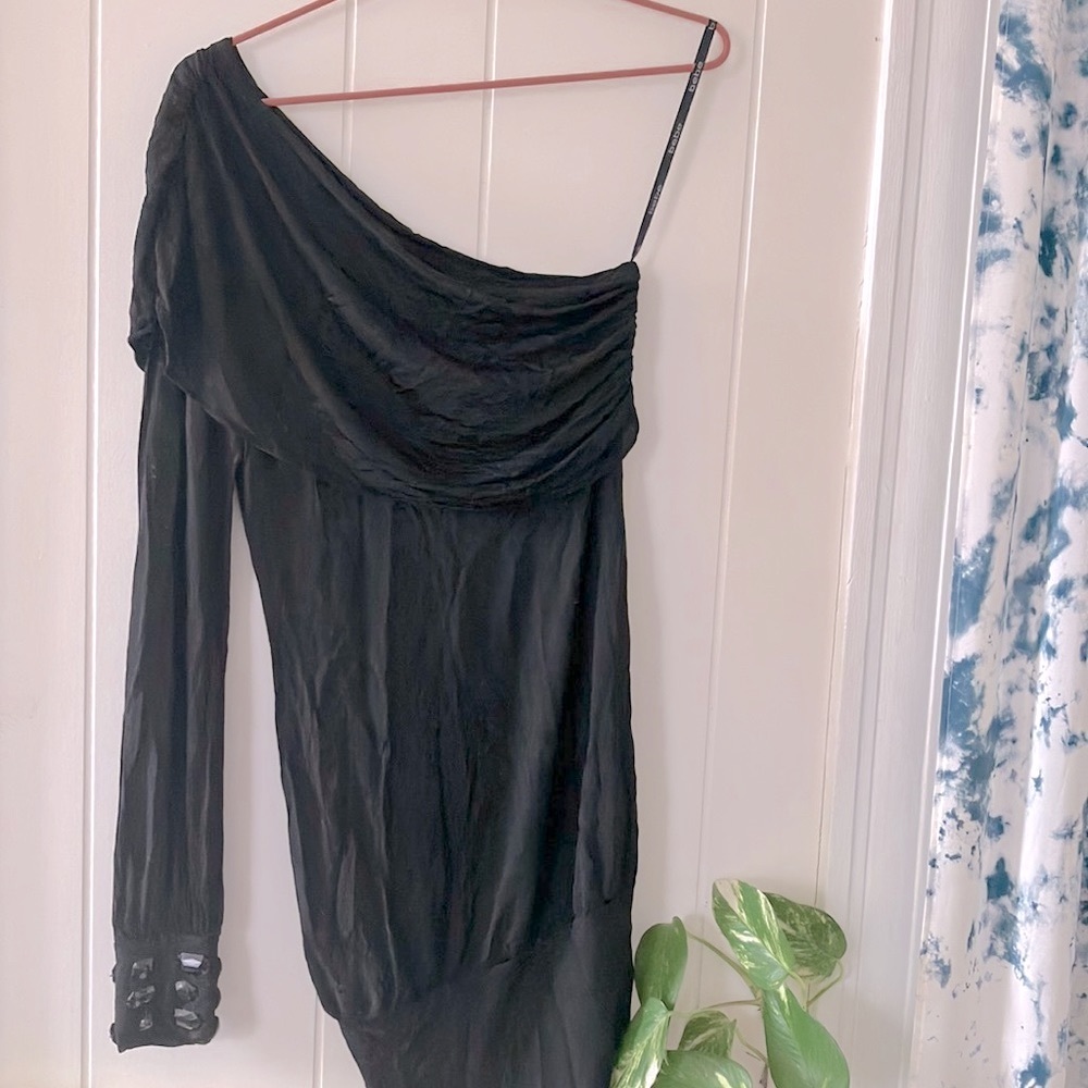 Bebe Black Asymmetrical Long Sleeve Cocktail Dress